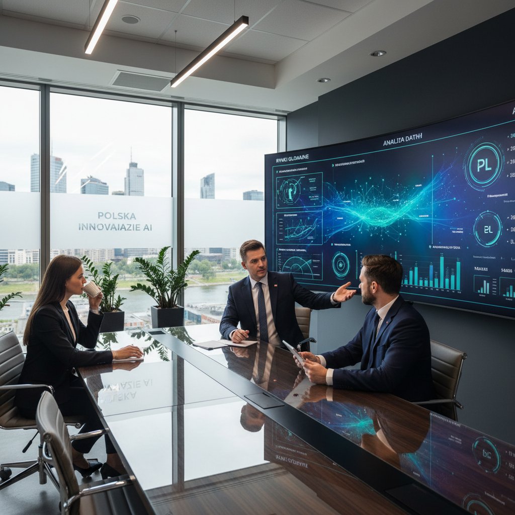 Nowoczesne negocjacje cenowe przy stole zarządu, polskie przedsiębiorstwo, sztuczna inteligencja w tle