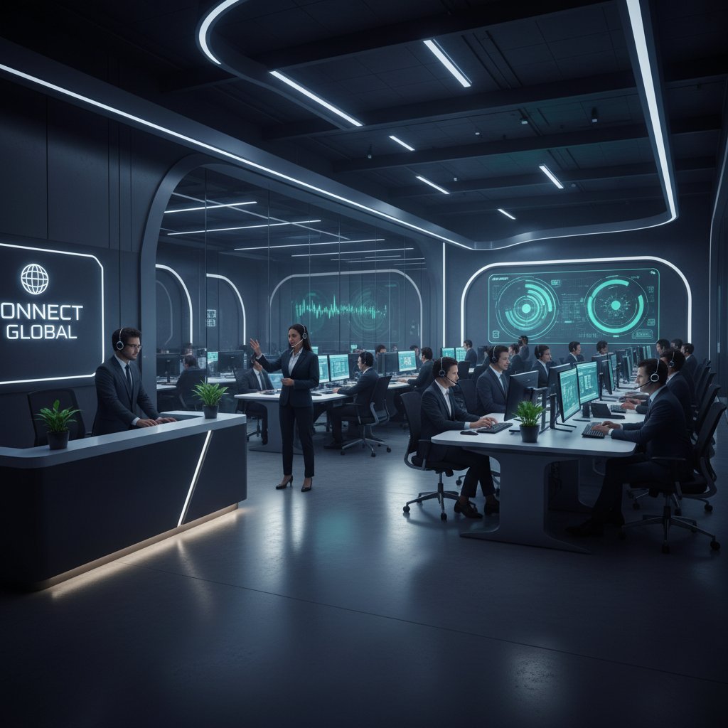 Nowoczesne biuro call center z zespołem obsługi klienta, napięta atmosfera, światło dramatyczne