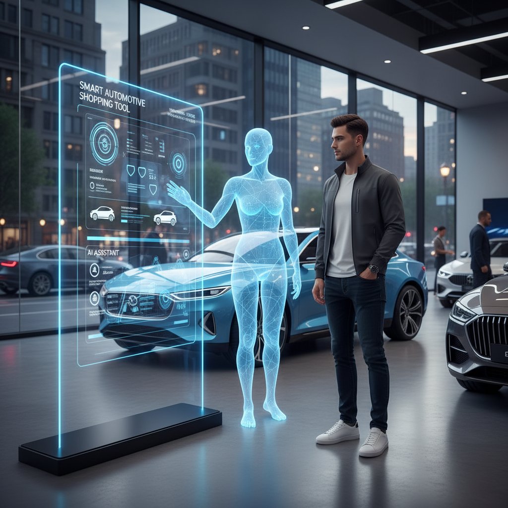 Modern car buyer using AI assistant in a high-tech, urban dealership setting