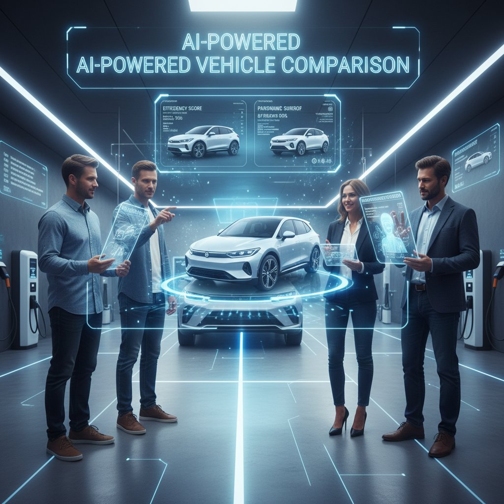 Modern car buyers using AI-powered online tools to compare vehicles and make informed decisions