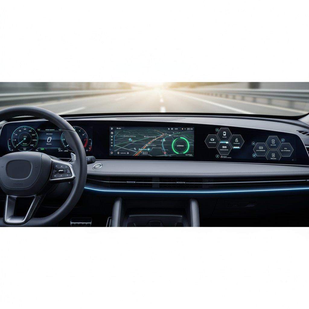 Modern car dashboard with advanced tech, focus on reliability features, 16:9