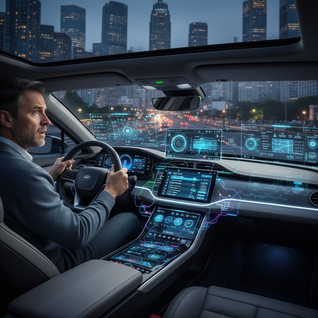 A modern car interior overloaded with digital screens and buttons and a buyer looking overwhelmed