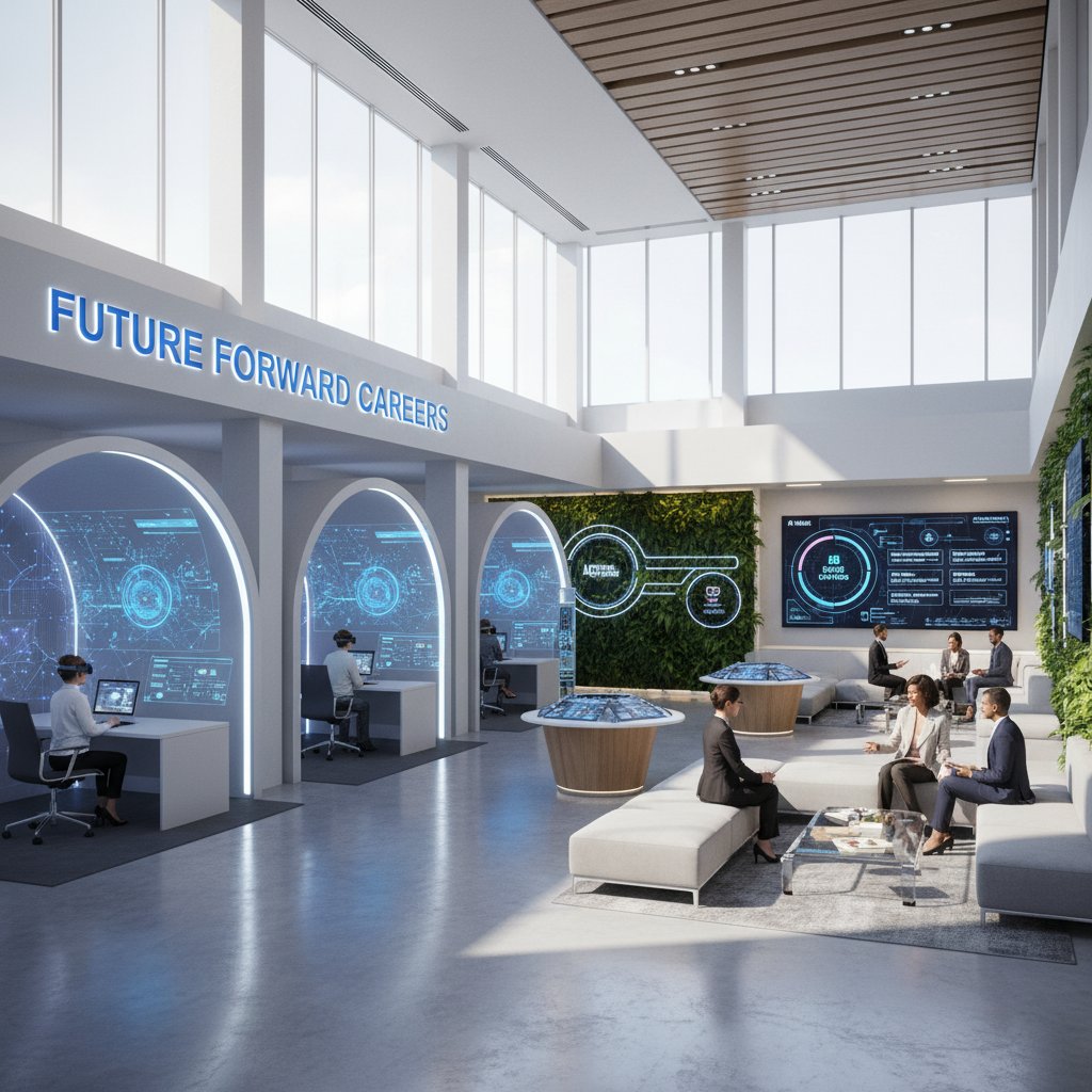 Nowoczesne centrum rozwoju kariery z interaktywnymi stanowiskami AI i konsultantami
