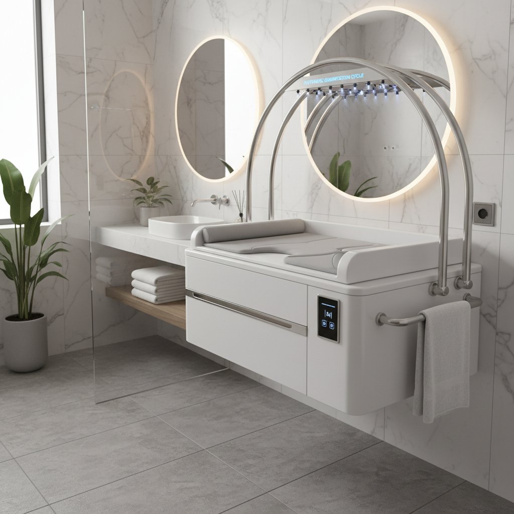 Nowoczesny przewijak z automatyczną dezynfekcją w designerskiej hotelowej łazience, hotel przewijak, technologie