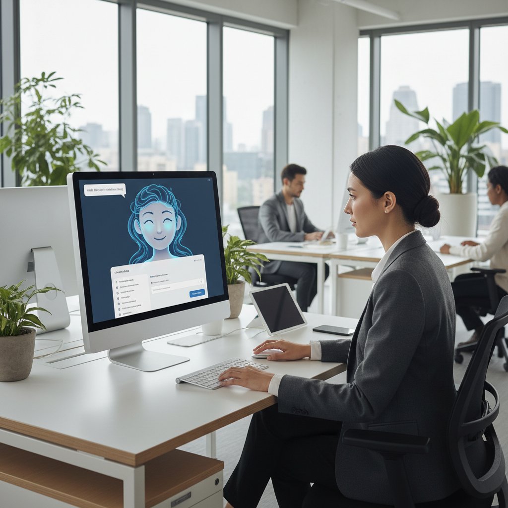 Nowoczesny chatbot AI obsługujący klienta na stronie internetowej, realistyczne biuro, kobieta przy komputerze