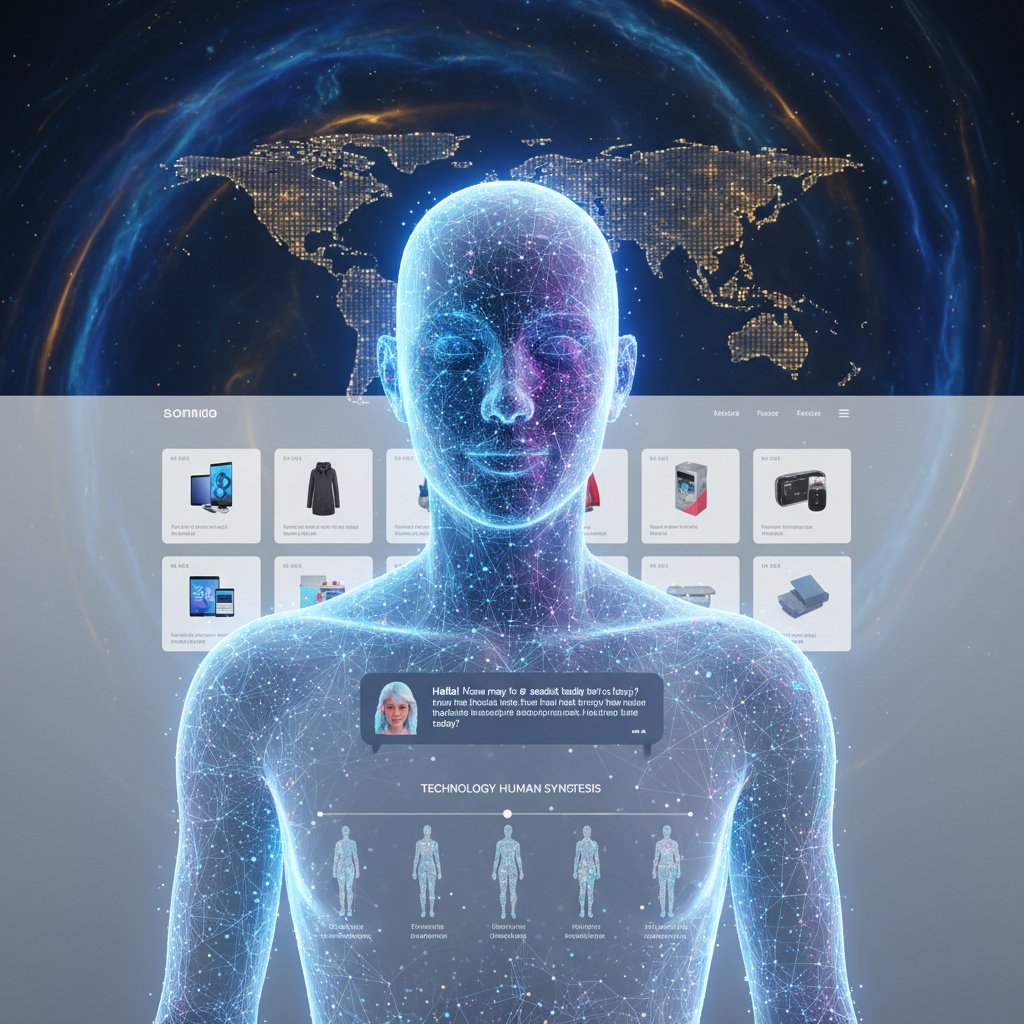 Nowoczesny chatbot w sklepie online, synteza człowieka i technologii, koncepcja digital employee