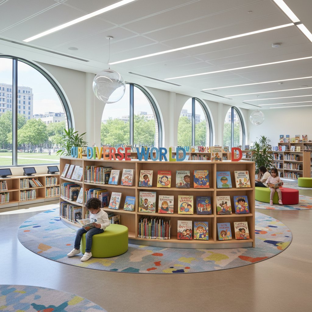 Nowoczesna biblioteka dziecięca z wyeksponowaną półką „Różnorodność”