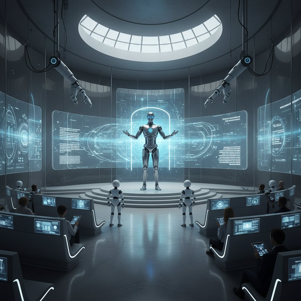 Współczesna świątynia z elementami technologii – ekrany, roboty, światła