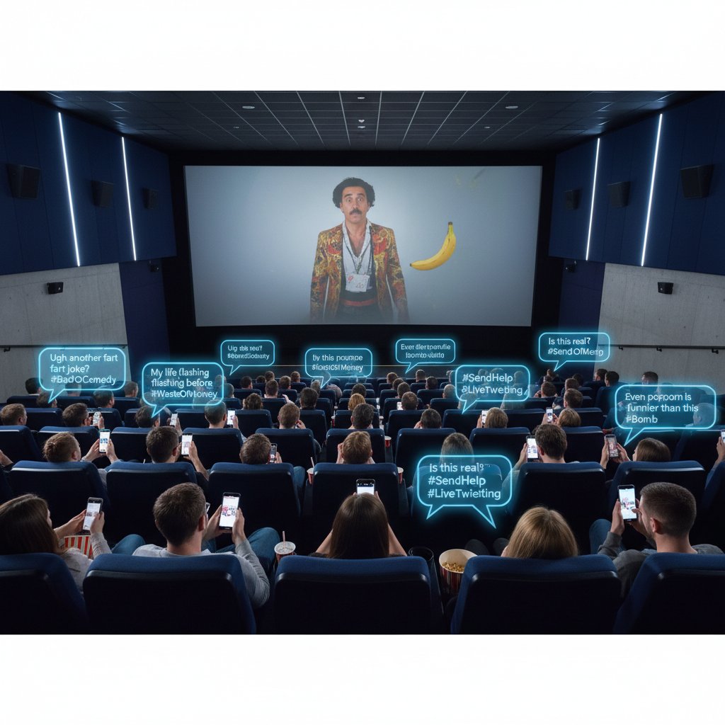 Audience at modern cinema with smartphones live-tweeting bad comedy