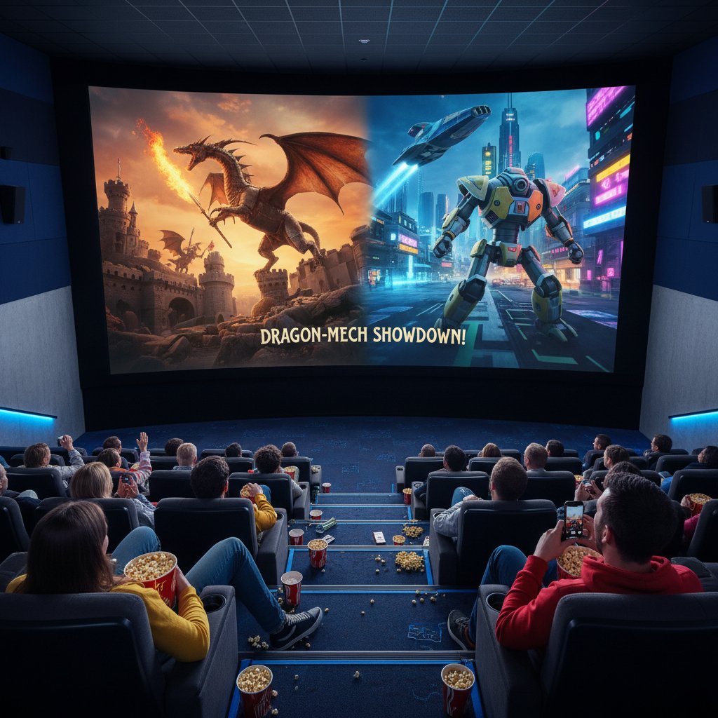 Modern cinema audience shocked and laughing, reacting to unexpected genre twists in a movie, highlighting movie genre mixing