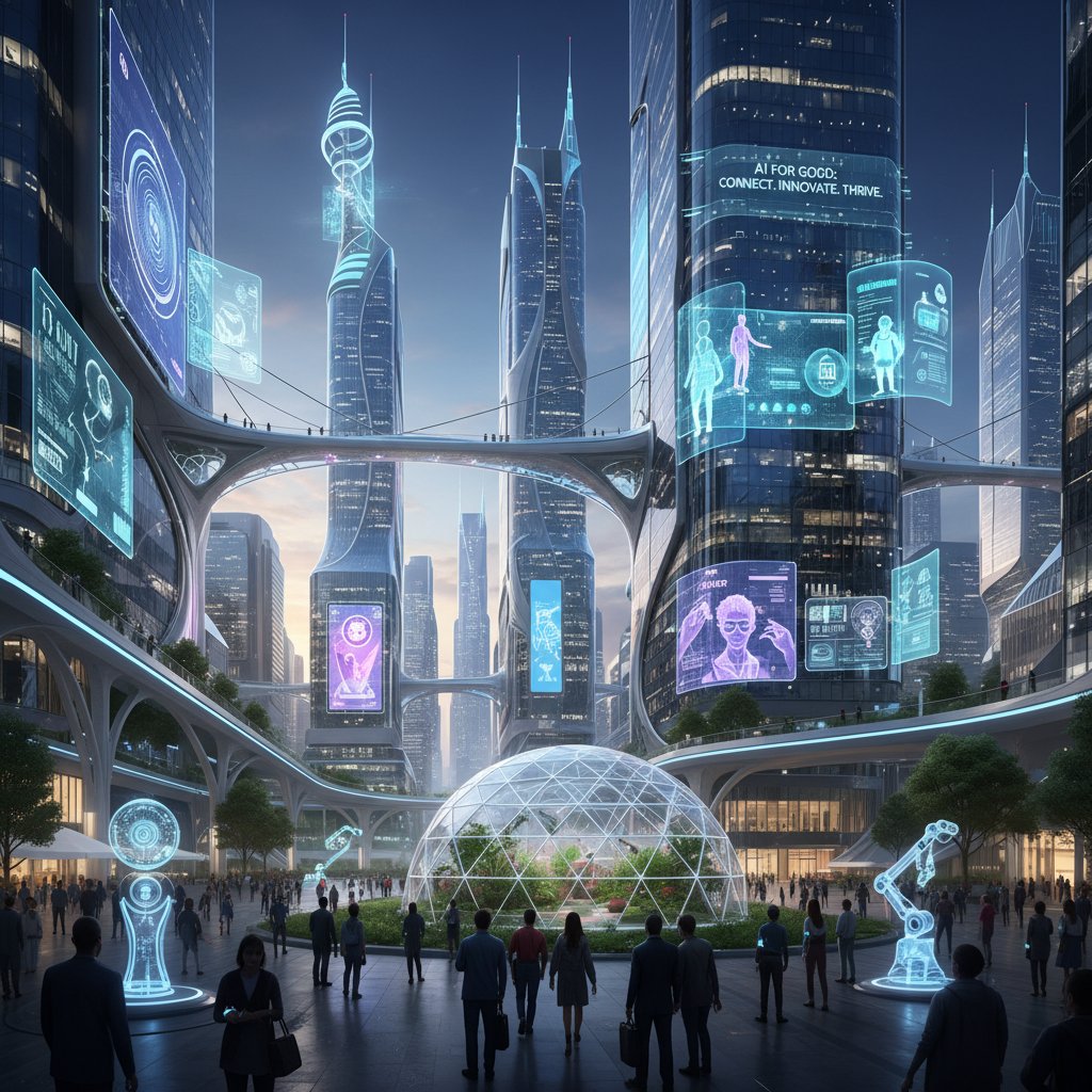 Zdjęcie współczesnego miasta z elementami technologii AI obecnymi w codziennym życiu społecznym