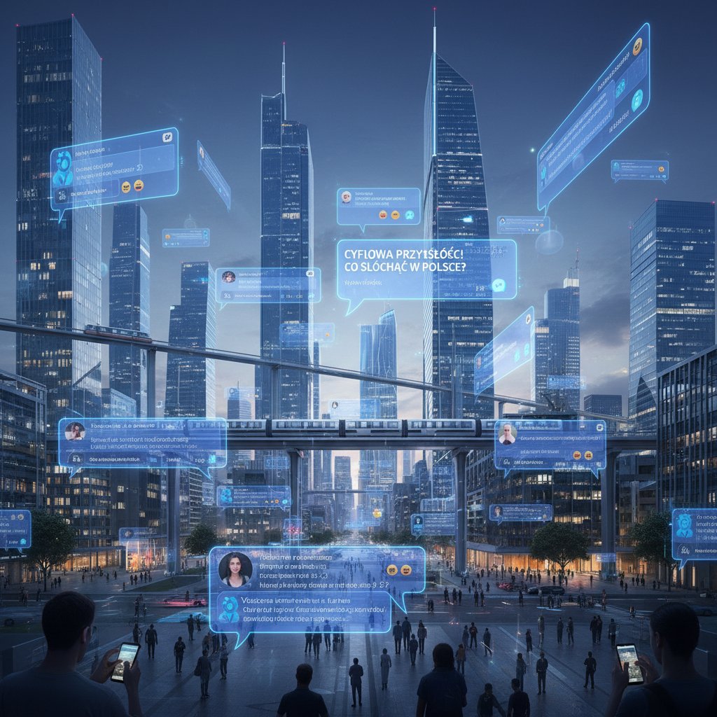 Nowoczesny widok miasta z licznymi oknami rozmów na ekranach, klimat cyfrowej przyszłości, aplikacja do rozmów online po polsku