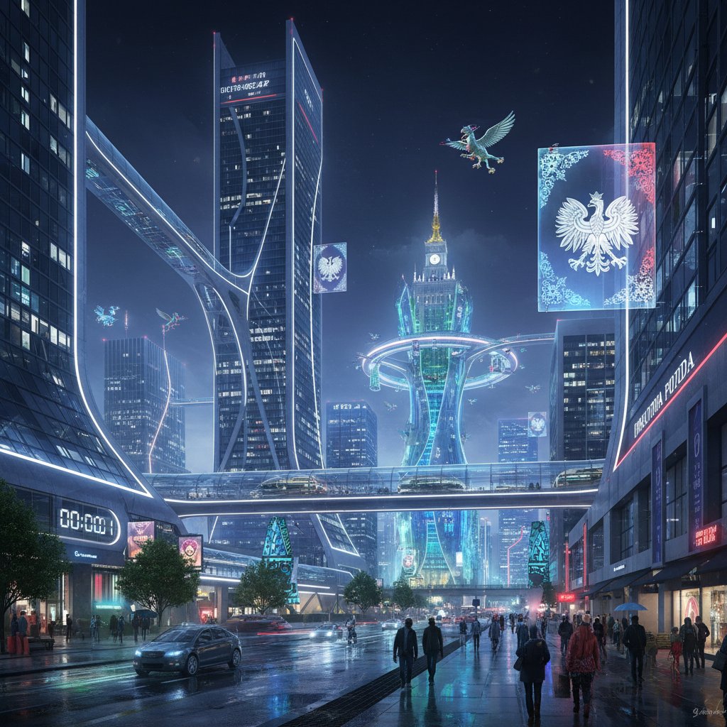 Widok nowoczesnego miasta nocą zdominowanego przez światła ekranów – symbol cyfrowej przyszłości Polski