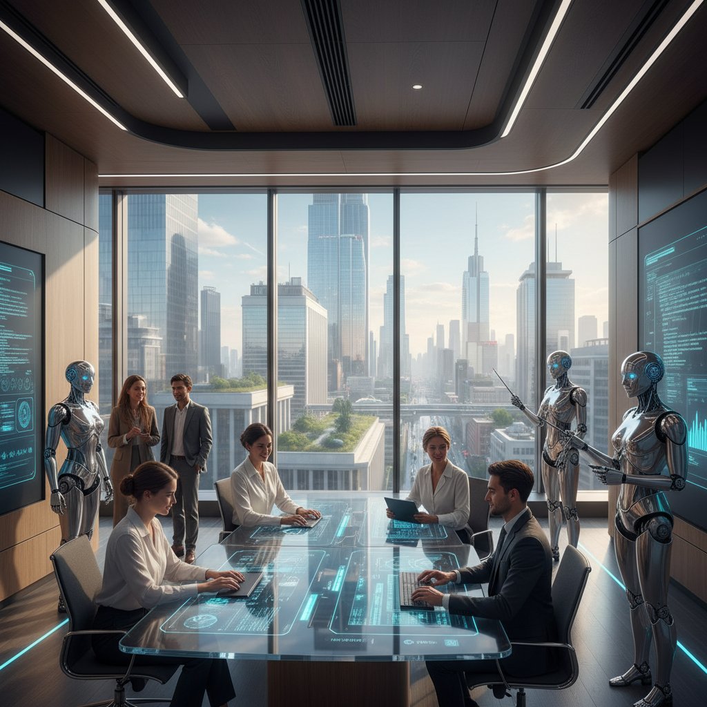 Nowoczesne miasto z ludźmi i AI współpracującymi w pracy biurowej, kontrastowe światło