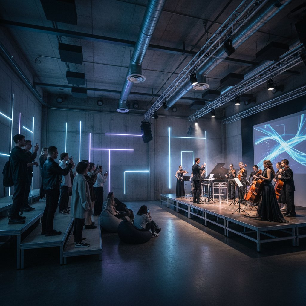 Współczesny koncert muzyki klasycznej w industrialnej hali z młodą publicznością