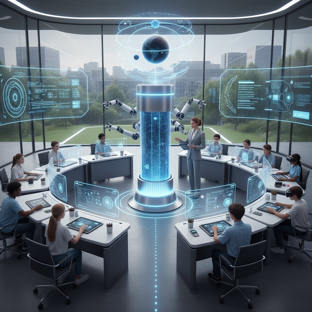 Nowoczesna klasa z AI asystentem pomagającym uczniom w analizie i syntezie wiedzy, dynamiczna scena edukacyjna, światło dzienne, technologia