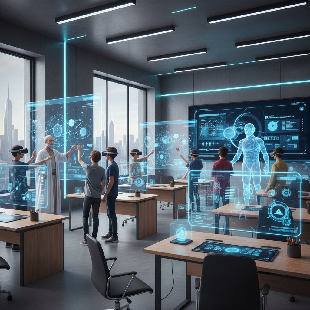 Nowoczesna sala szkolna z AI generującą scenariusz symulacyjny, uczniowie w interakcjach z wirtualnymi postaciami