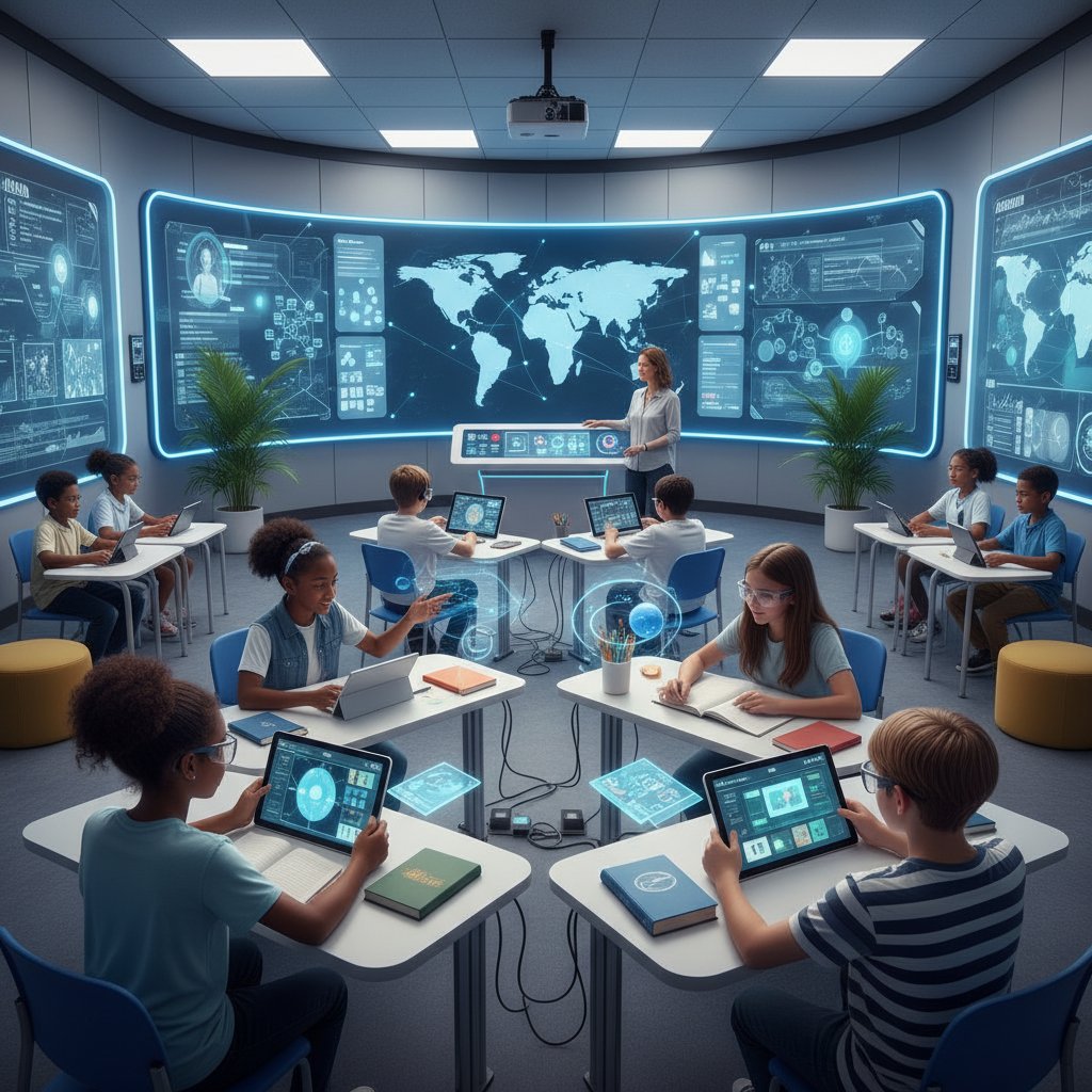 Nowoczesna klasa z technologią AI, tablety, ekrany dotykowe, uczniowie korzystający z aplikacji edukacyjnych