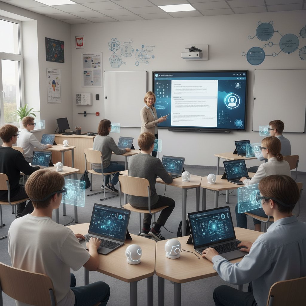 Nowoczesna klasa z uczniami korzystającymi z laptopów i narzędzi AI