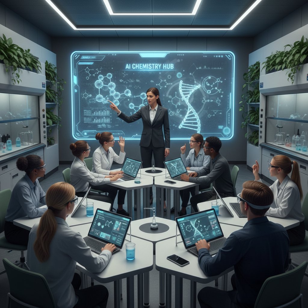 Nowoczesna klasa chemiczna z ekranem interaktywnym, nauczyciel i AI wyjaśniają procesy chemiczne, uczniowie zaangażowani