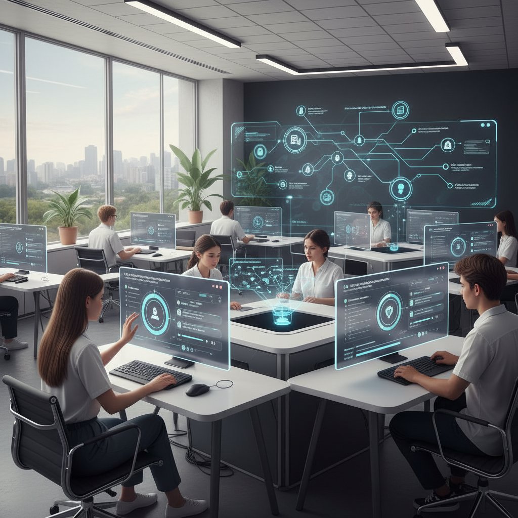 Nowoczesna sala nauki z komputerami i AI wspierającą planowanie nauki online