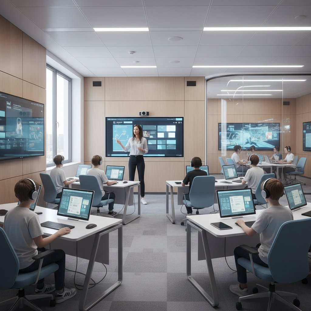 Nowoczesna sala szkolna z komputerami, nauczyciel uczy dzieci, cyfrowa edukacja