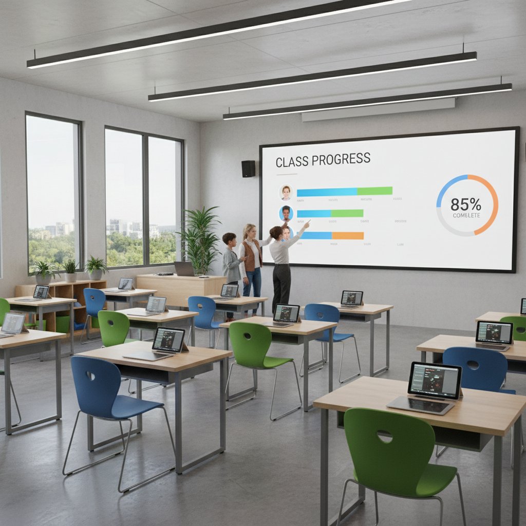 Nowoczesna sala lekcyjna w Polsce z tablicą interaktywną wyświetlającą wykres postępów ucznia