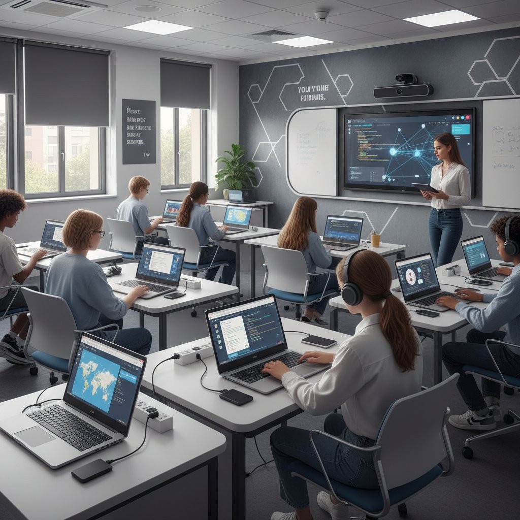 Nowoczesna sala lekcyjna z cyfrowymi narzędziami edukacyjnymi i uczniami przy laptopach