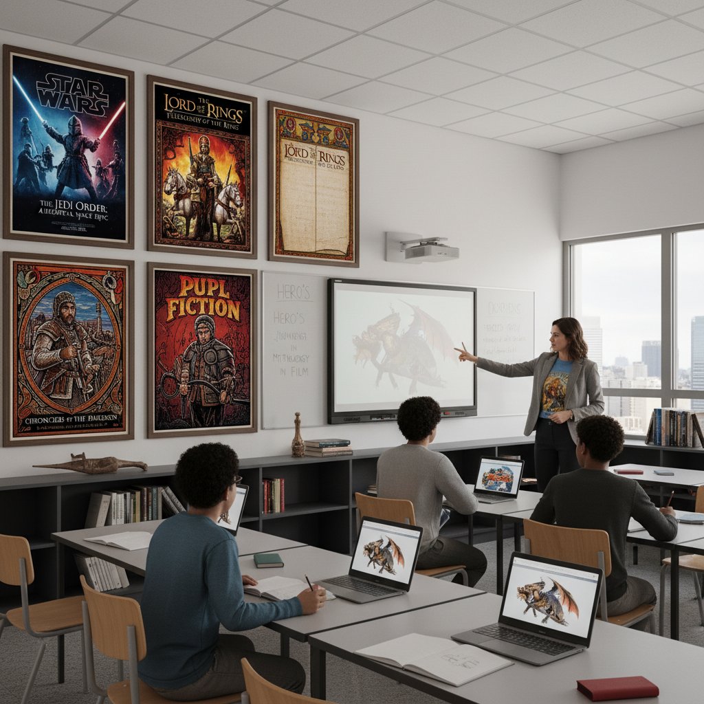 Modern classroom with medieval movie posters, students engaged with props, movie influence on education