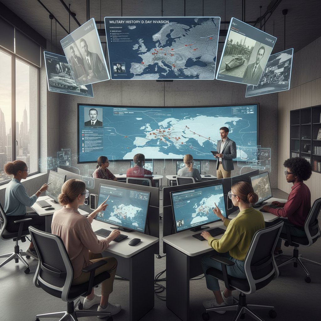 Nowoczesna klasa podczas lekcji historii wojskowości online, uczniowie patrzą na wyświetlony materiał batalistyczny