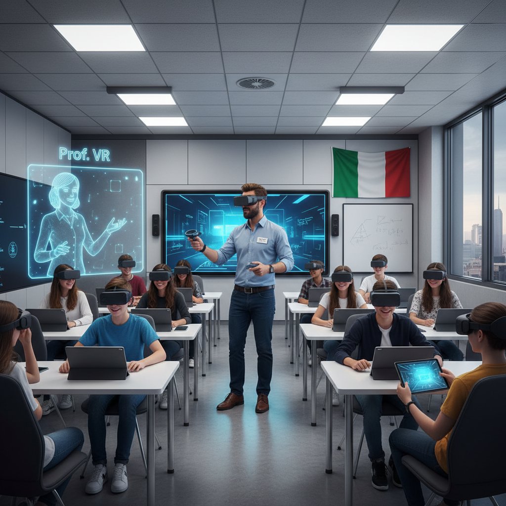 Nowoczesna klasa online MR/VR, studenci i nauczyciel wirtualnie połączeni, włoskie flagi