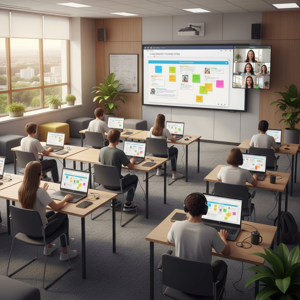 Nowoczesna klasa z tablicą Padlet i uczniami korzystającymi z laptopów podczas korepetycji online