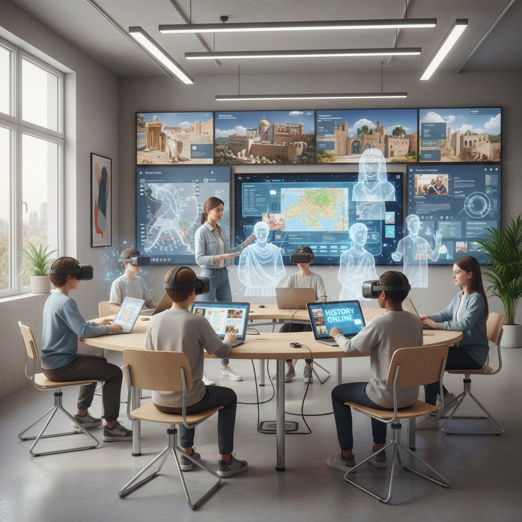 Nowoczesna sala lekcyjna, ekrany, VR, uczniowie uczący się historii politycznej online