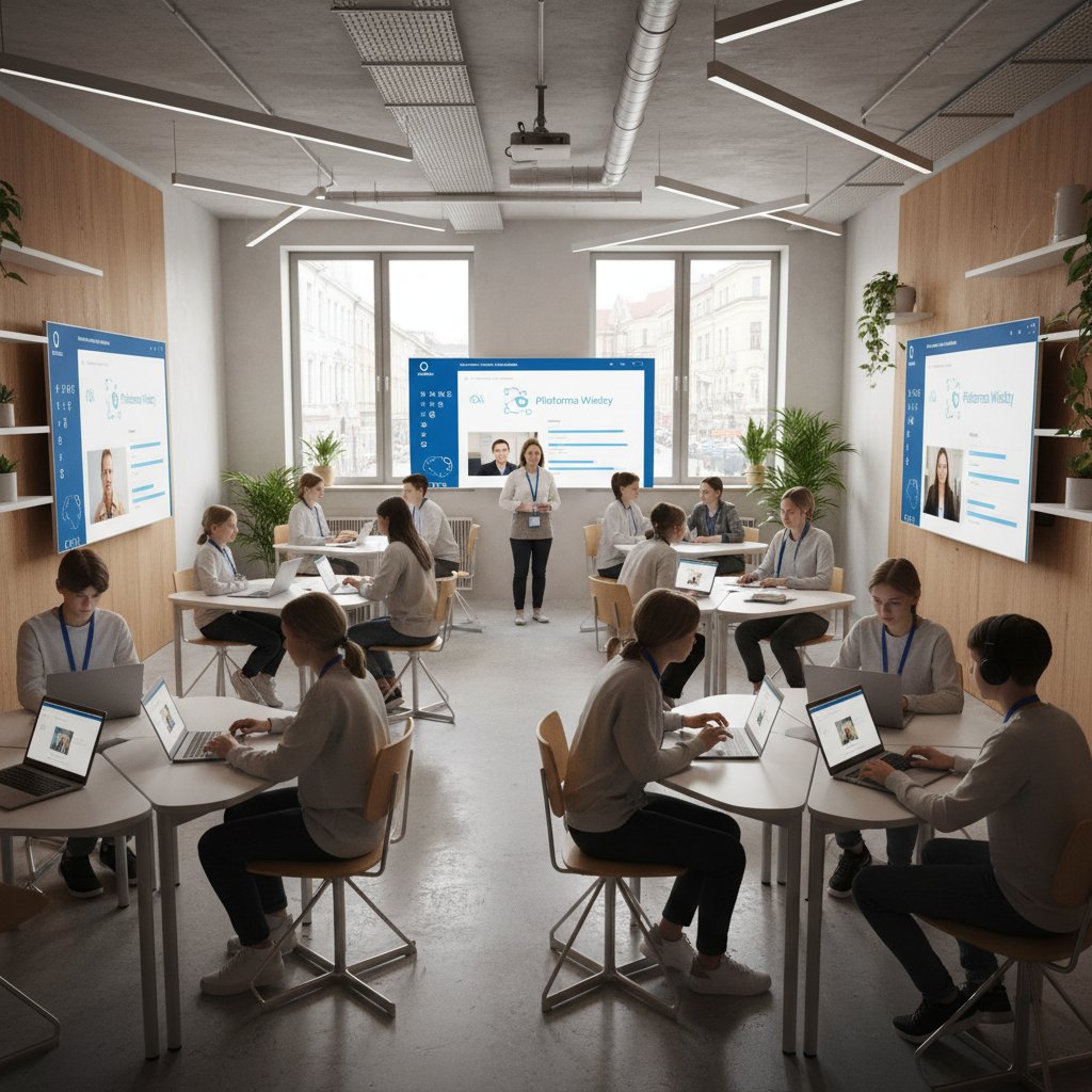 Nowoczesna sala komputerowa z grupą uczniów korzystających z platform korepetycji online