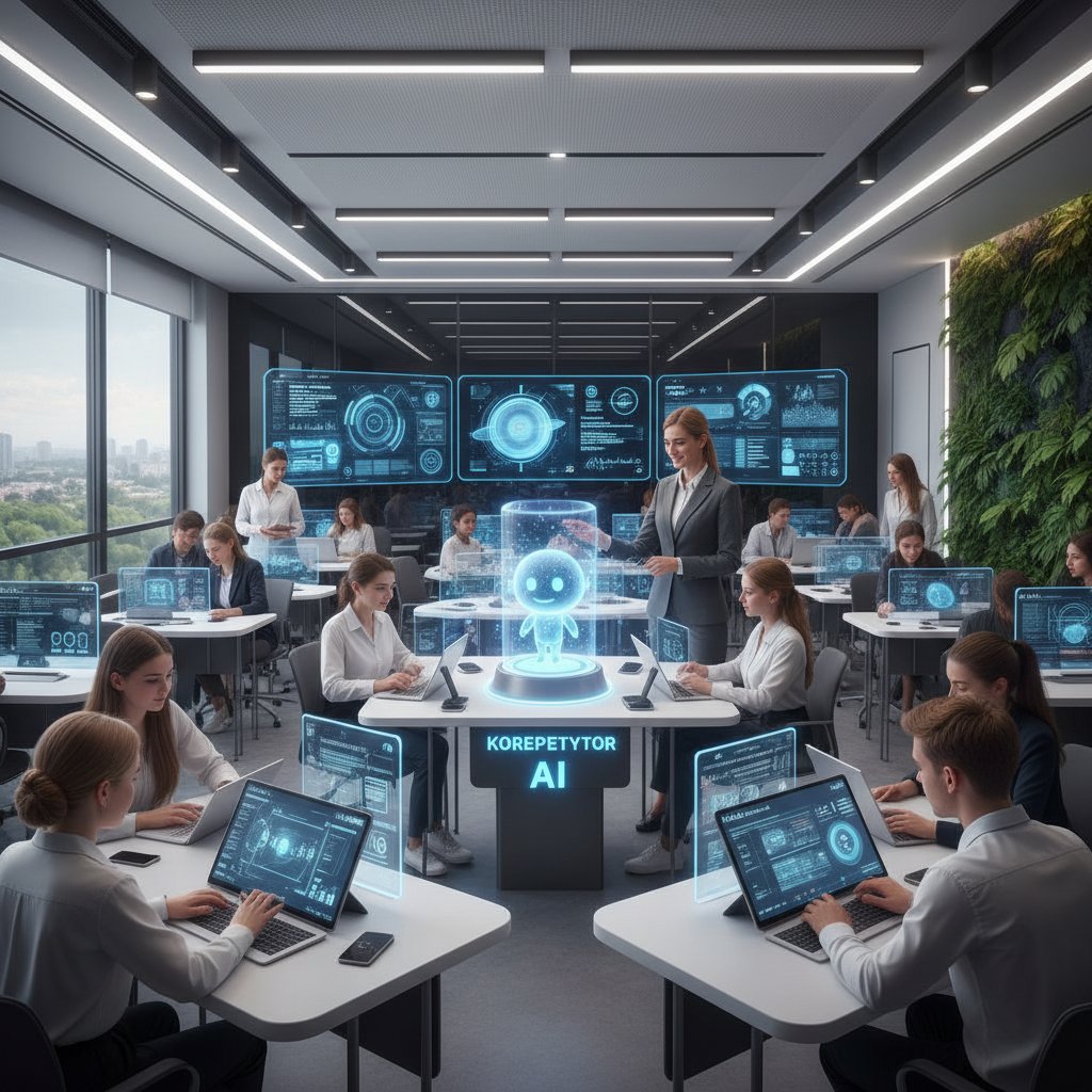 Nowoczesna klasa z uczniami korzystającymi z platformy korepetytor.ai na tabletach, nauczyciel wspiera z boku