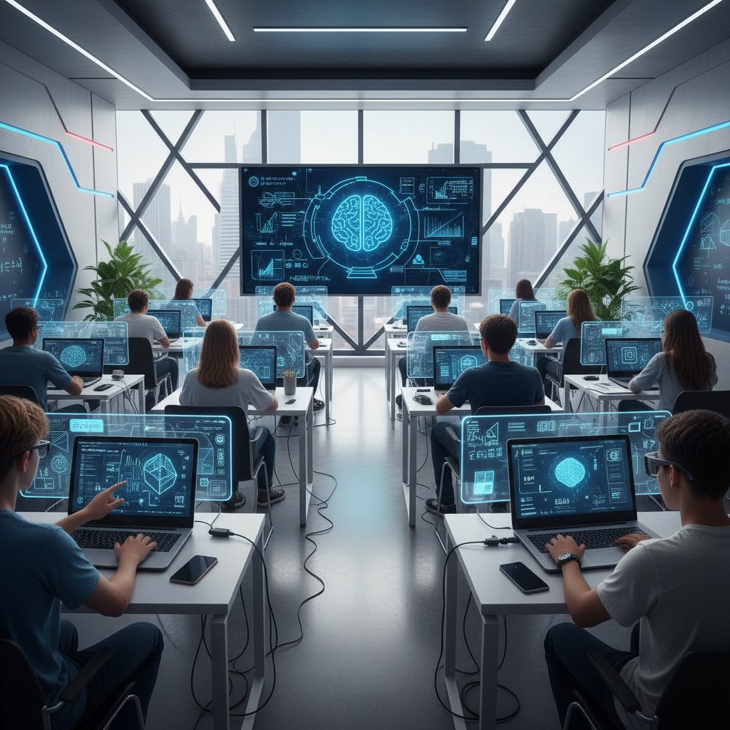 Nowoczesna klasa z uczniami korzystającymi z laptopów i AI podczas lekcji matematyki