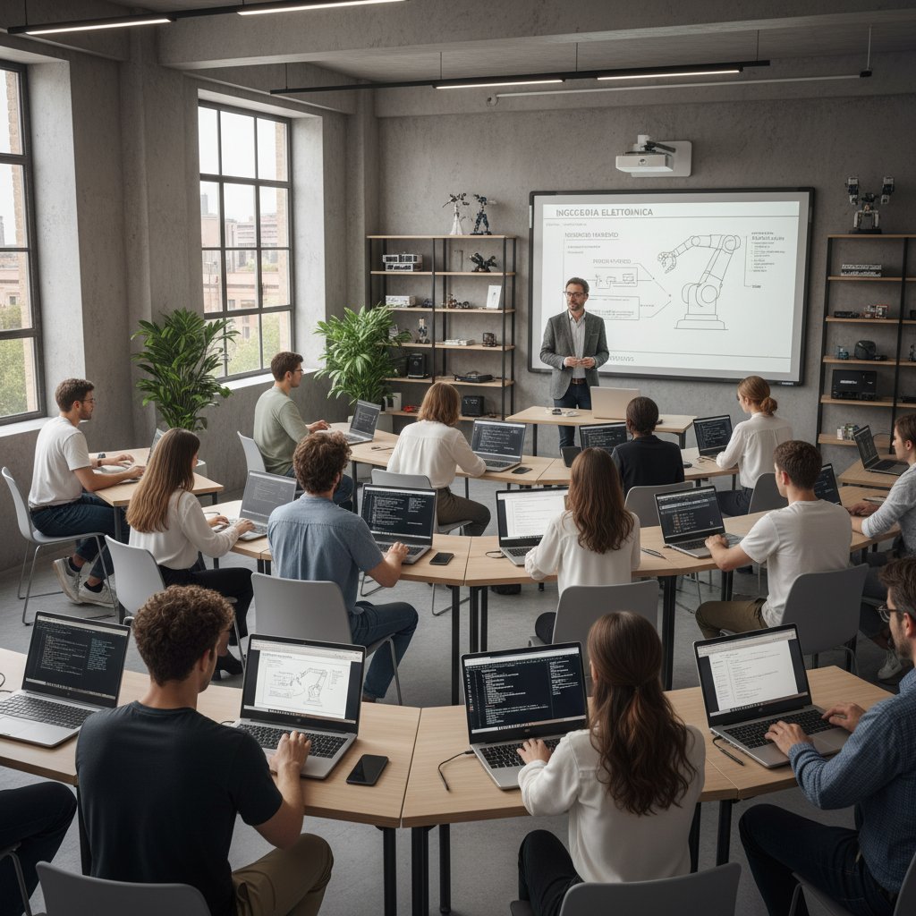 Nowoczesna sala szkoleniowa z kursantami korzystającymi z laptopów podczas lekcji włoskiego technicznego