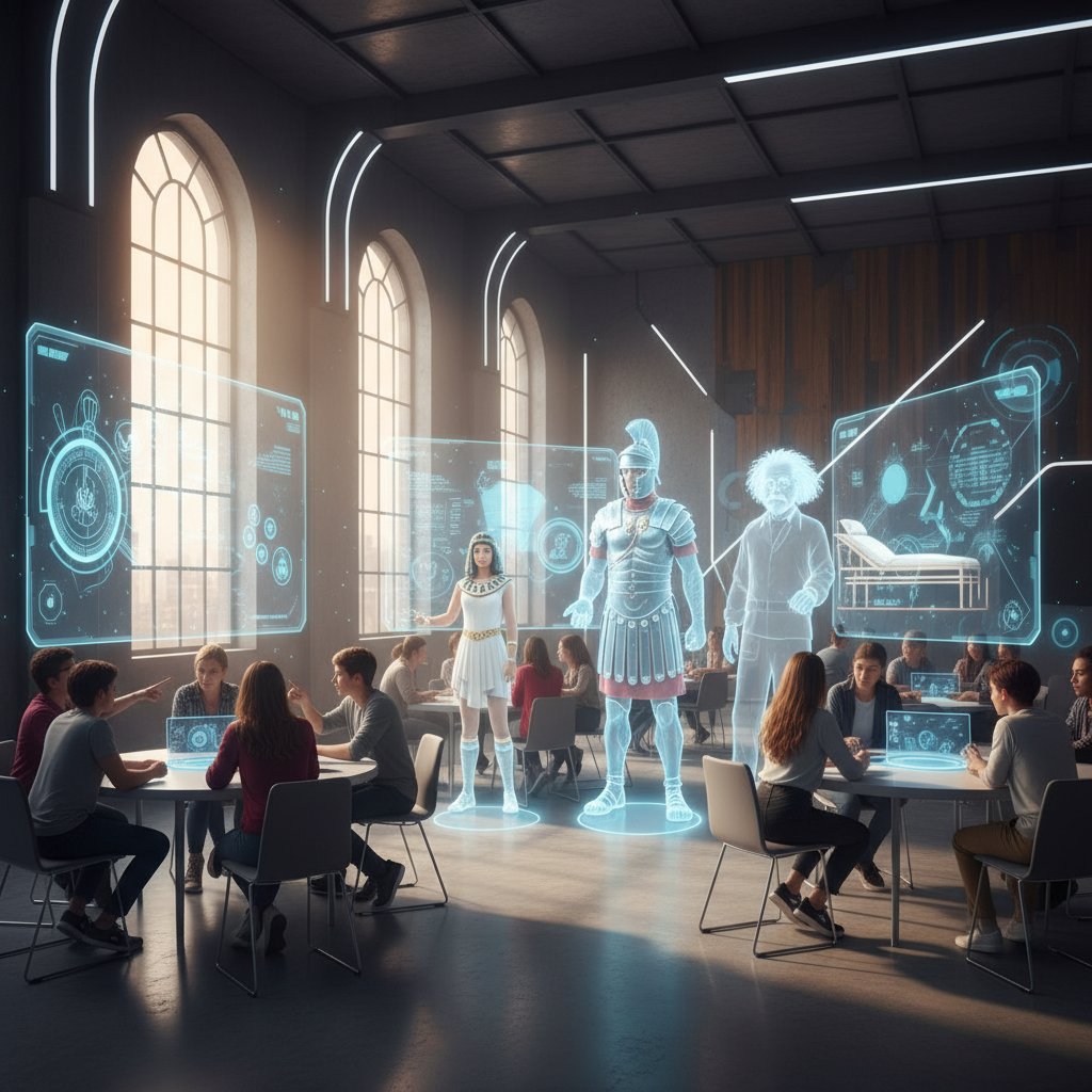 Uczniowie korzystający z symulatora rozmów z postaciami historycznymi w nowoczesnej klasie