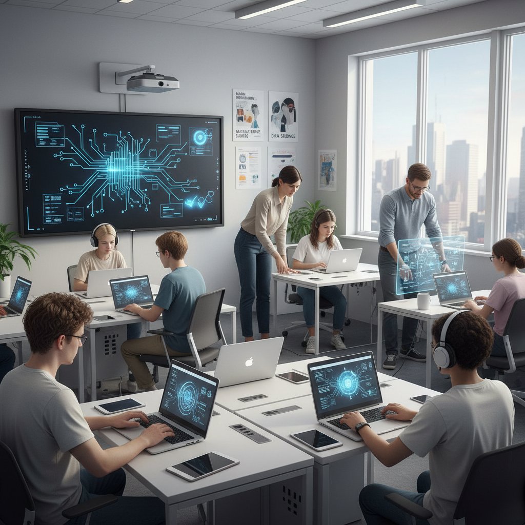 Nowoczesna klasa, uczniowie z laptopami i AI, nauczyciel wspiera pracę zespołu