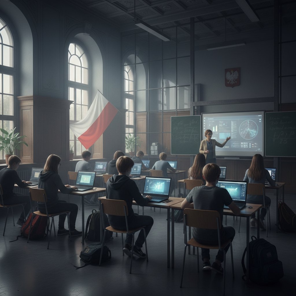 Nowoczesna klasa podzielona między uczniów przy komputerach a uczniów w sali, z widocznym napięciem i skupieniem