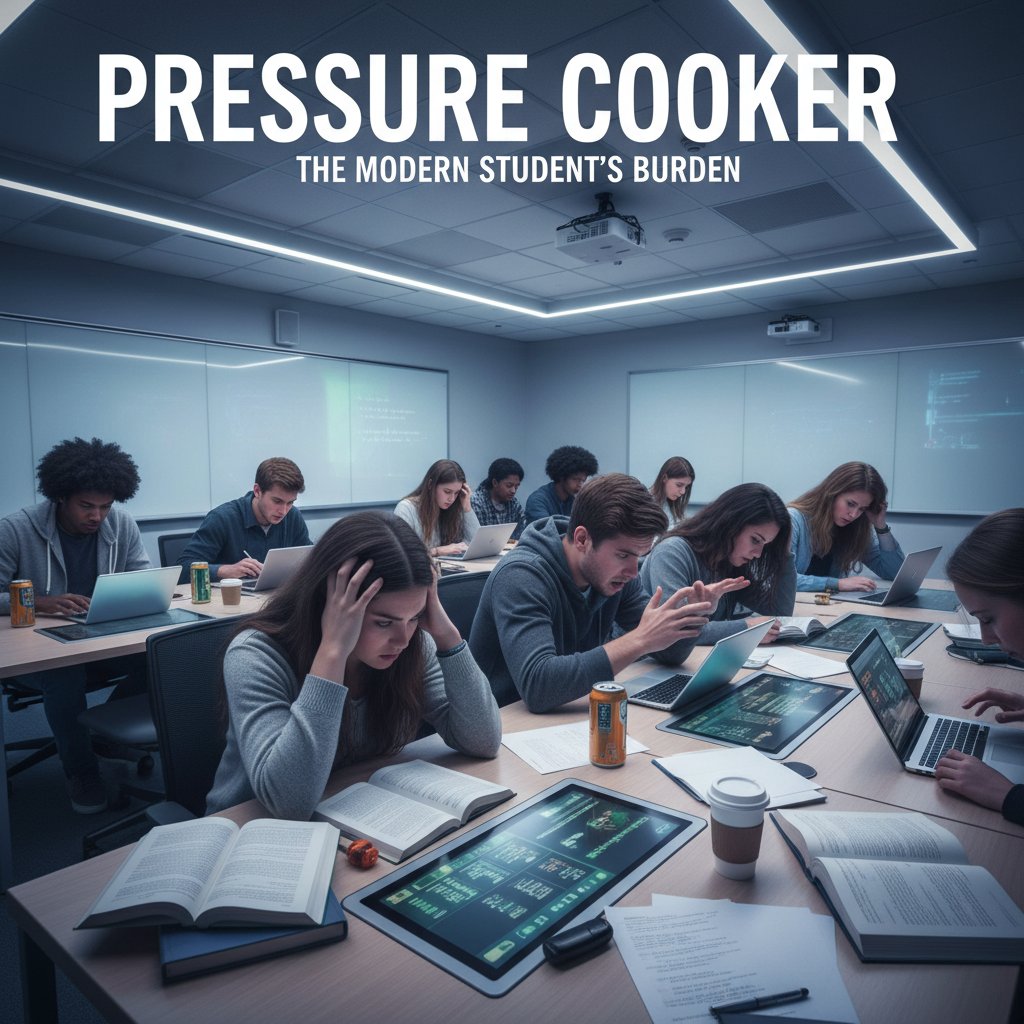 Schüler im modernen Klassenzimmer zeigen Anspannung und Stress, Fokus auf Gesichtsausdrücke, stressfreies Lernen fehlt