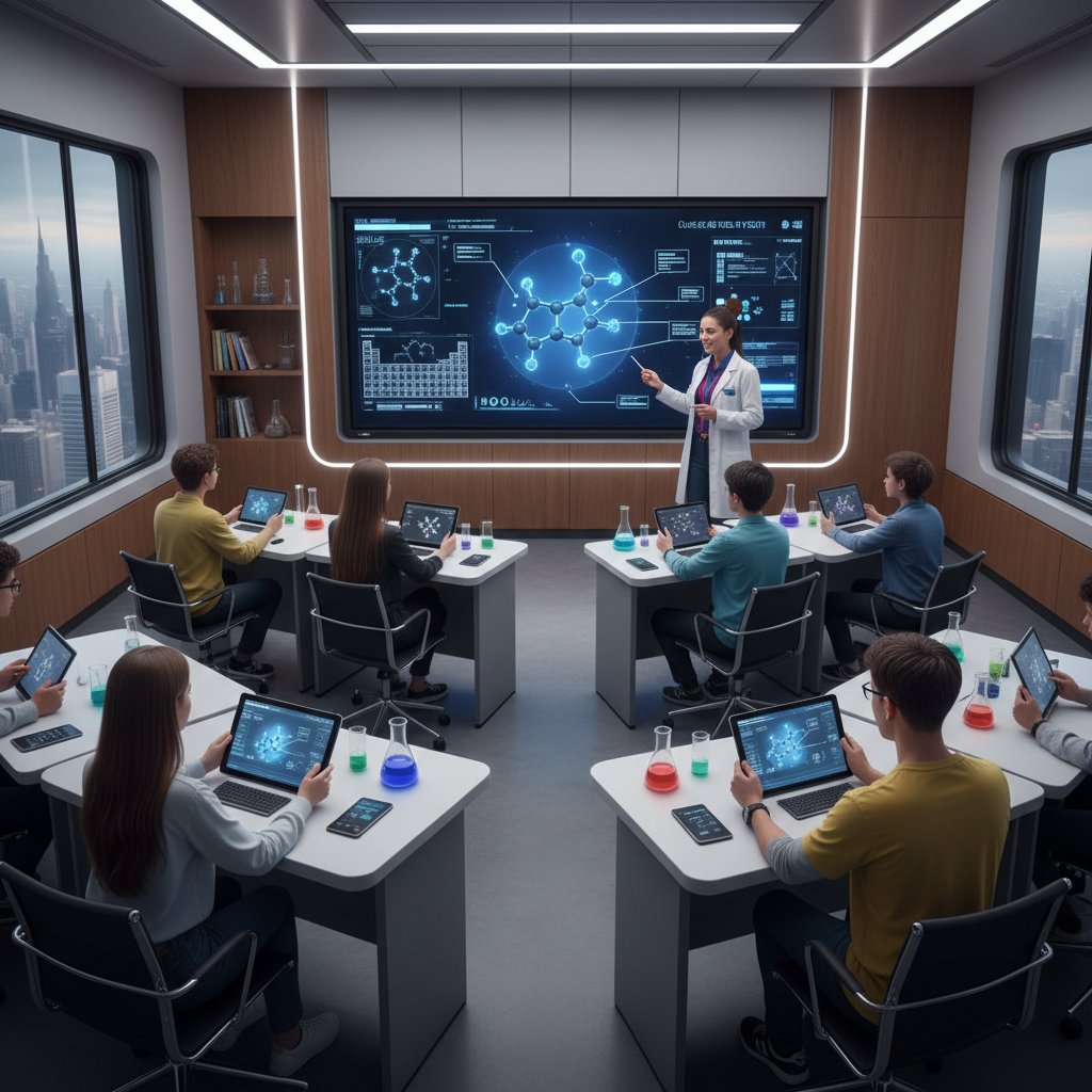 Nowoczesna sala lekcyjna z tabletami, tablicą multimedialną i uczniami pracującymi wspólnie — nowoczesna edukacja chemiczna, trendy