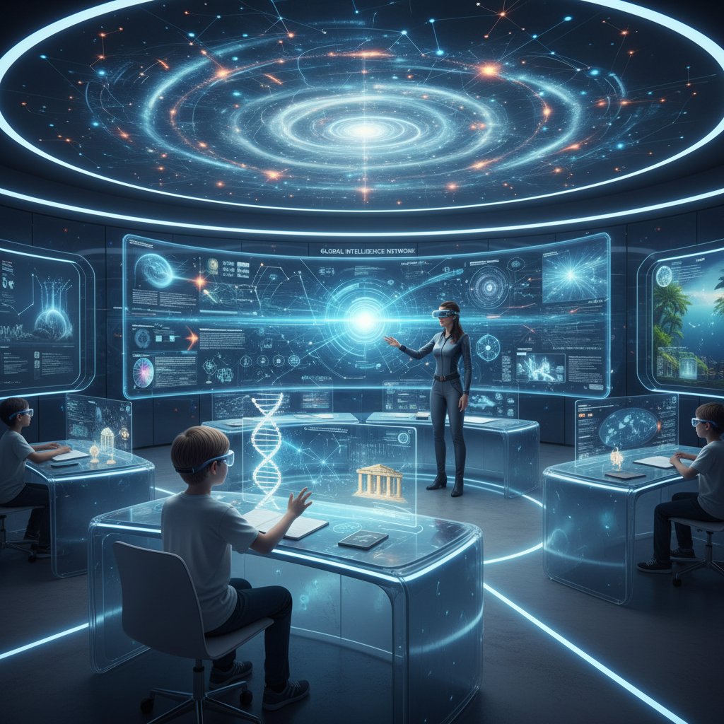 Nowoczesna sala edukacyjna, nauczyciel i student korzystający z dużego ekranu z analizą AI