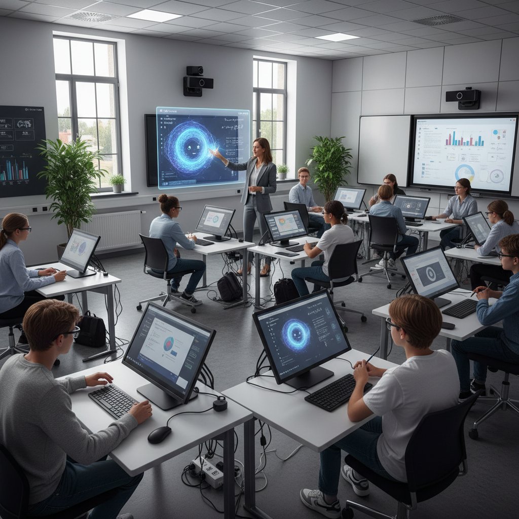 Nowoczesna klasa z nauczycielem, uczniami i AI jako wsparciem w nauce