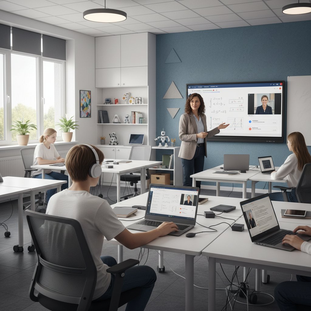 Nowoczesna sala lekcyjna z komputerami, nauczyciel-mentor obok ucznia uczącego się matematyki online