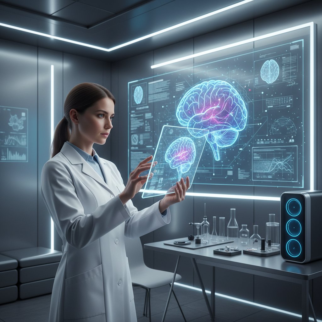 Specjalista analizuje wyniki skanowania mózgu na tablecie.