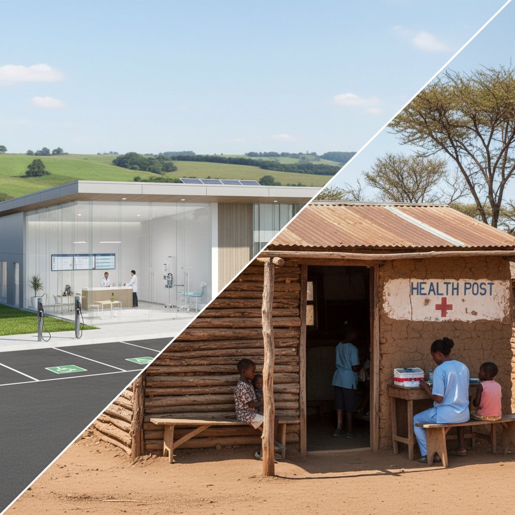 Kontrast: nowoczesna klinika i wiejski ośrodek zdrowia, podział obrazu