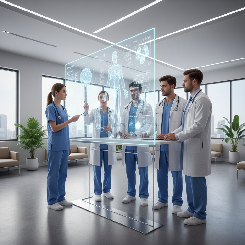 Nowoczesna klinika, zespół młodych lekarzy przed komputerami analizuje dane