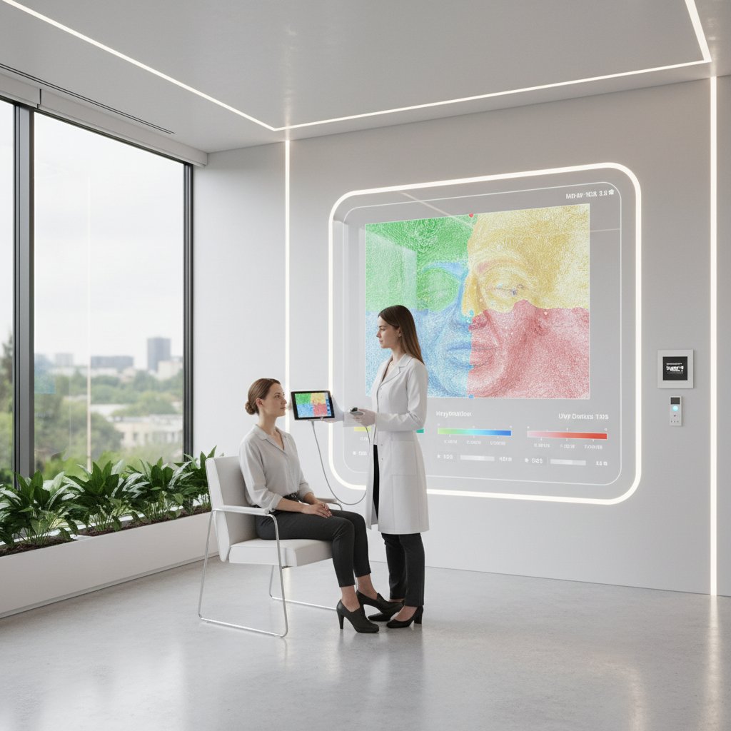 Nowoczesna klinika z analizą skóry na ekranach
