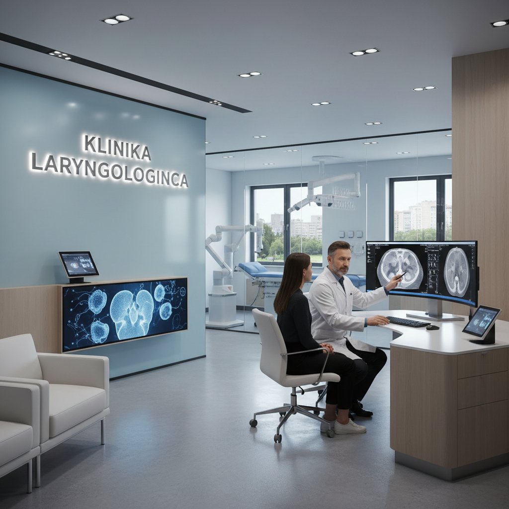 Nowoczesna diagnostyka zatok w polskiej klinice, lekarz analizuje zdjęcie CT